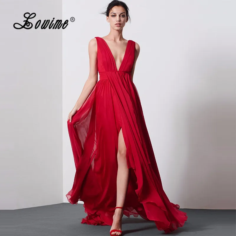 red flowing dress