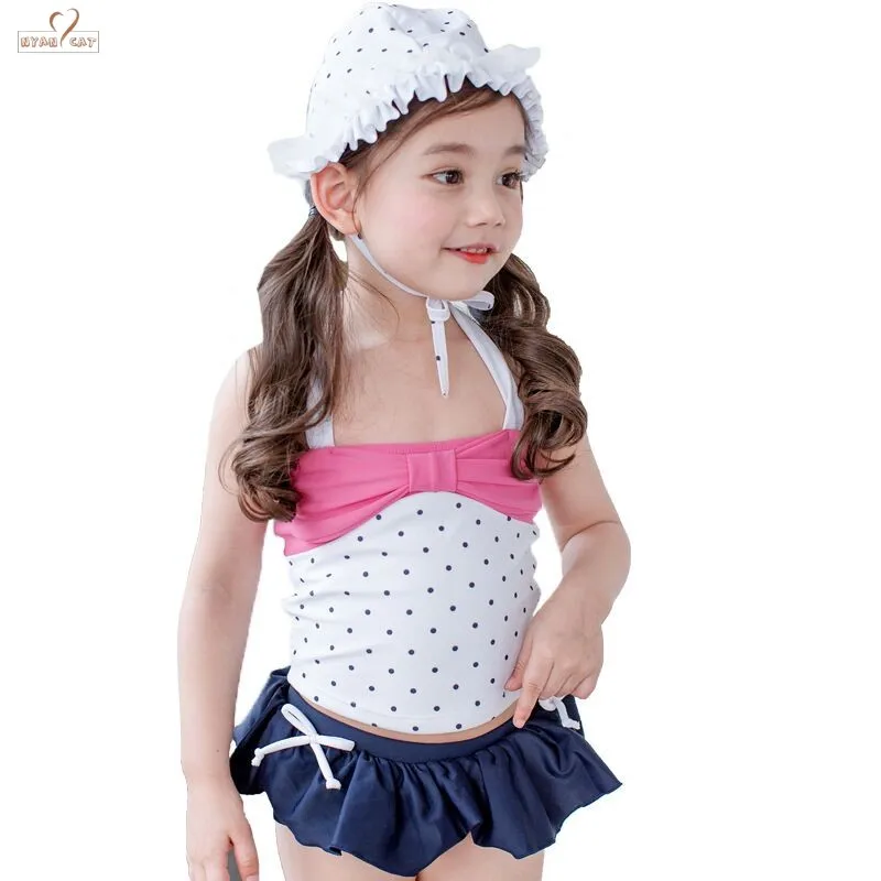 New Baby Girls swimwear+hat 3pcs set Dot swimming suit infant toddler