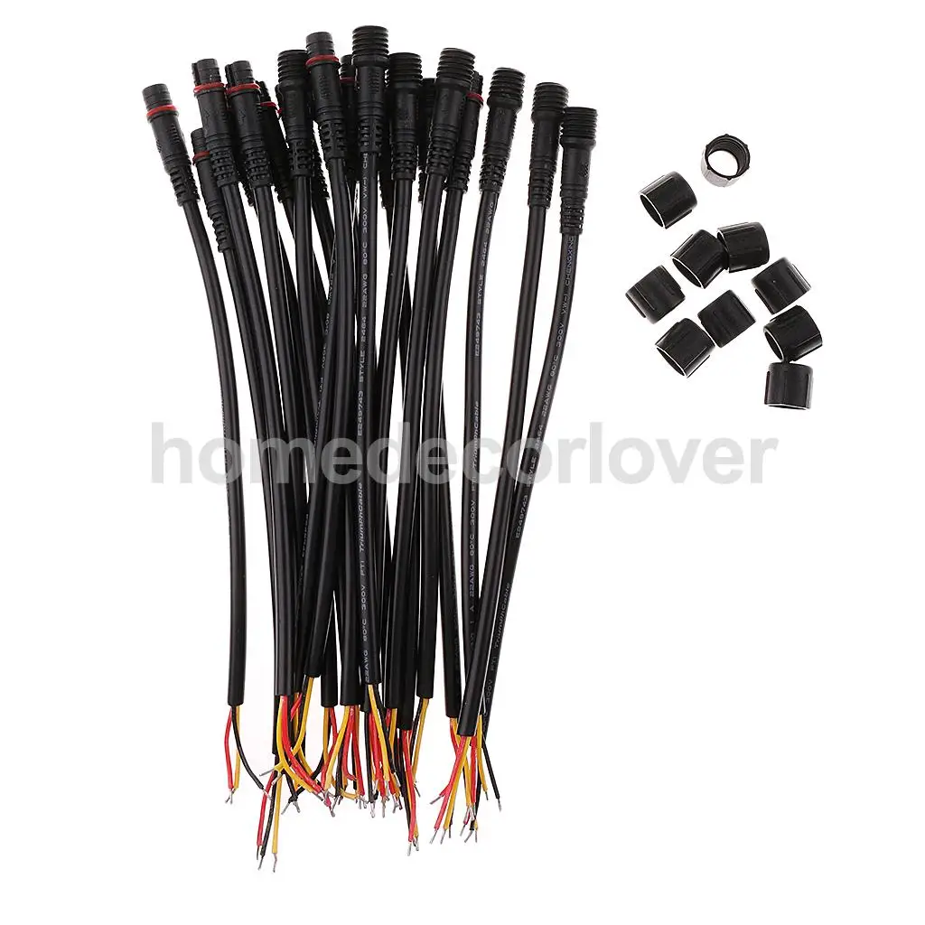 10 Pairs Black Waterproof IP65 22AWG 3 Pin Male+Female Plug Connectors Wires LED Cables with Joints 20 x 0.8cm
