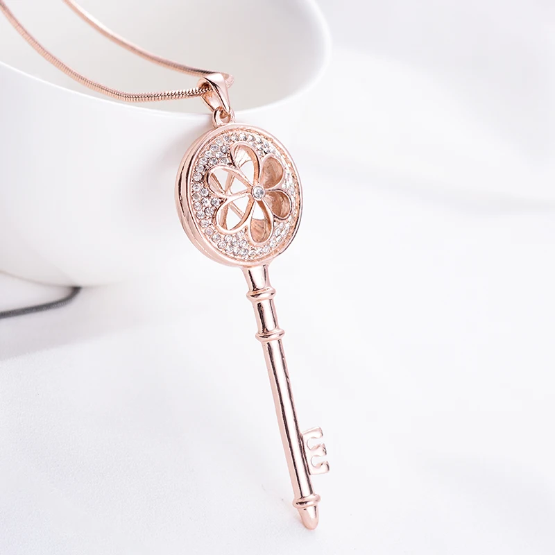 

SUKI Crystal Pave Rose Gold Gun Black Color Key Long Sweater Necklace Enamel Pendant Jewelry Bride Wears Women Girl Holiday Gift