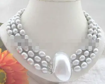 

P5732 - 3row 17-19" 9-10mm natural gray baroque freshwater pearl necklace-shell