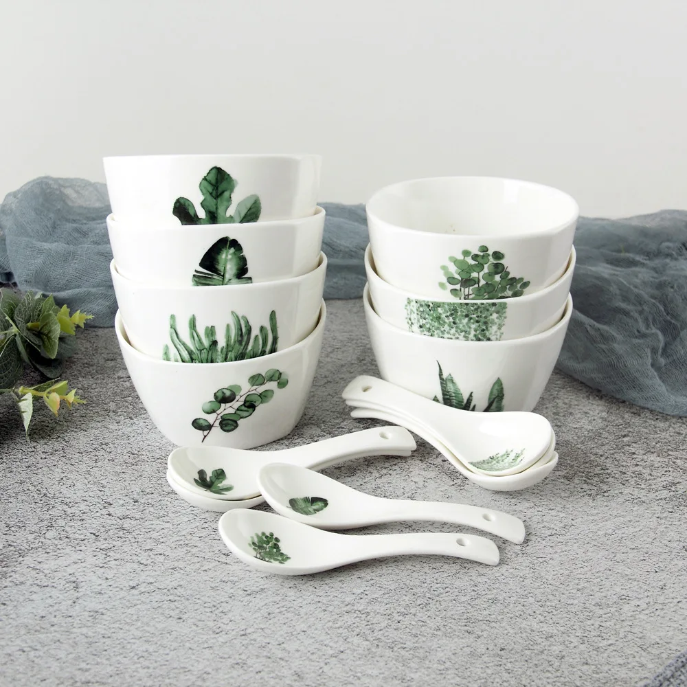 

Nordic ins ceramics soup bowl rice green leaf plant Xiaoqing soup spoon housewarming gift dish sauce