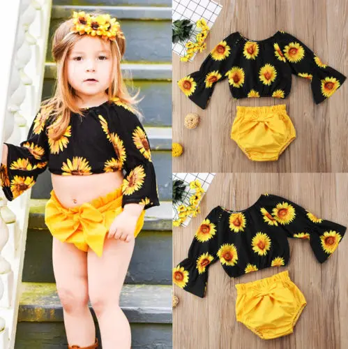 

New Kids Girls Clothes Long Sleeve Shirt Summer Baby Girls Sunflower Tops Yellow Bowknot Shorts Children Clothing Outfits Sets