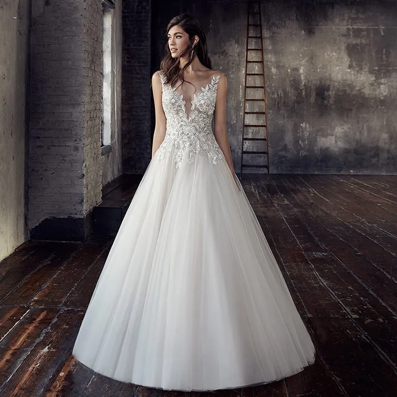 

A-Line Sleeveless Princess Boho Wedding Dresses Elegant Sheer Scoop Appliques Bridal Gown Custom made Vestidos de novia Backless