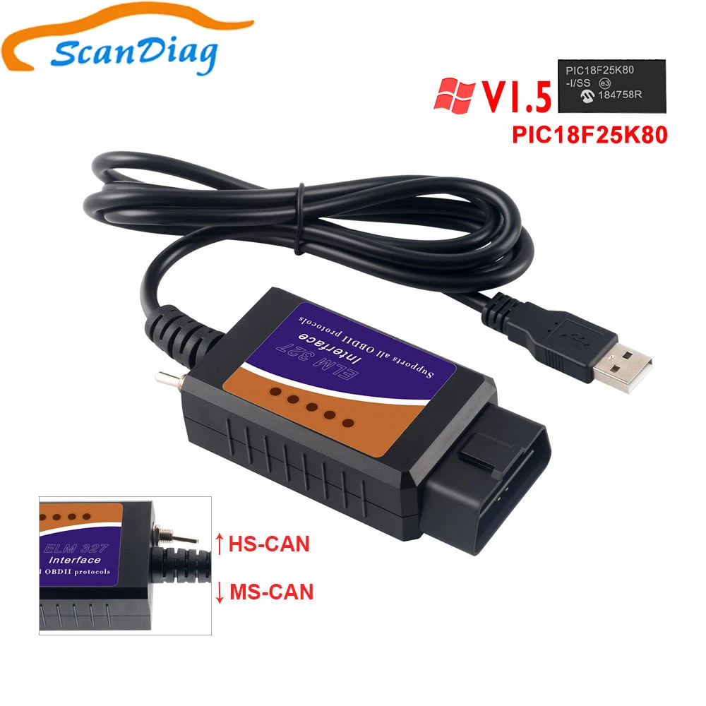 ELM327 USB V1.5 CH340+ 25K80 FTDI чип-код для Ford Скрытая функция HS CAN/MS CAN ELM 327 Bluetooth OBDII диагностический инструмент