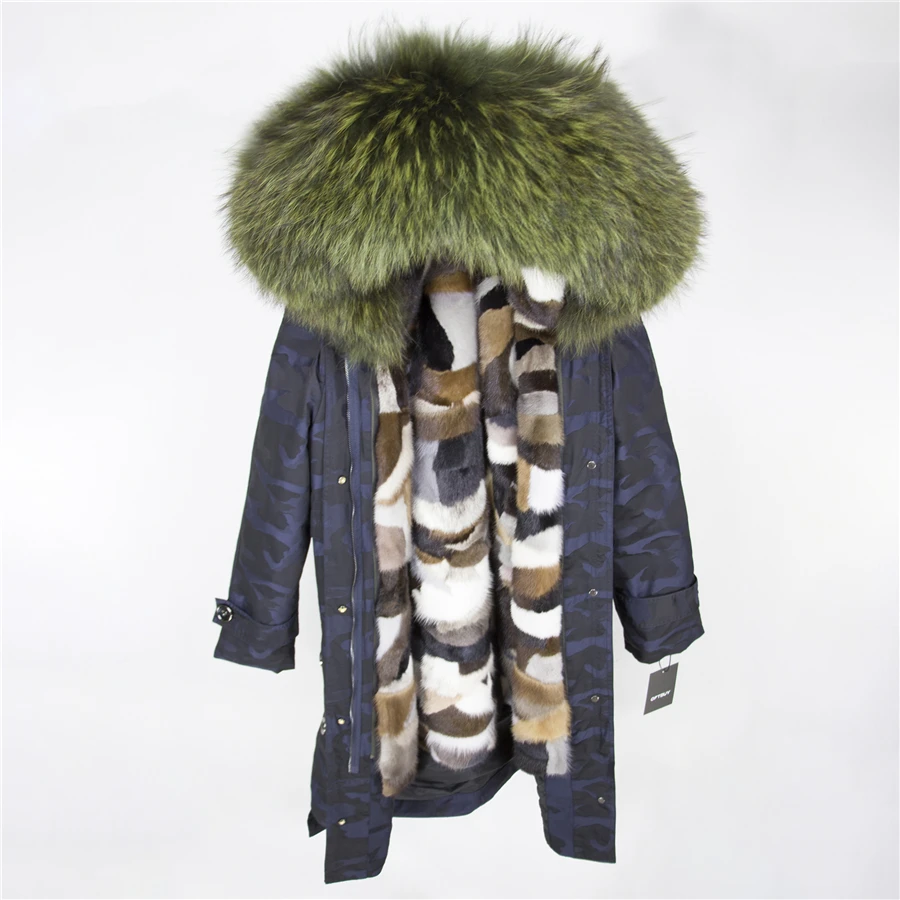 OFTBUY X-длинная Камуфляжная парка, пальто с натуральным мехом, зимняя женская куртка, большой воротник из натурального меха енота, капюшон, подкладка из натурального меха норки - Цвет: blue Camouflage 17
