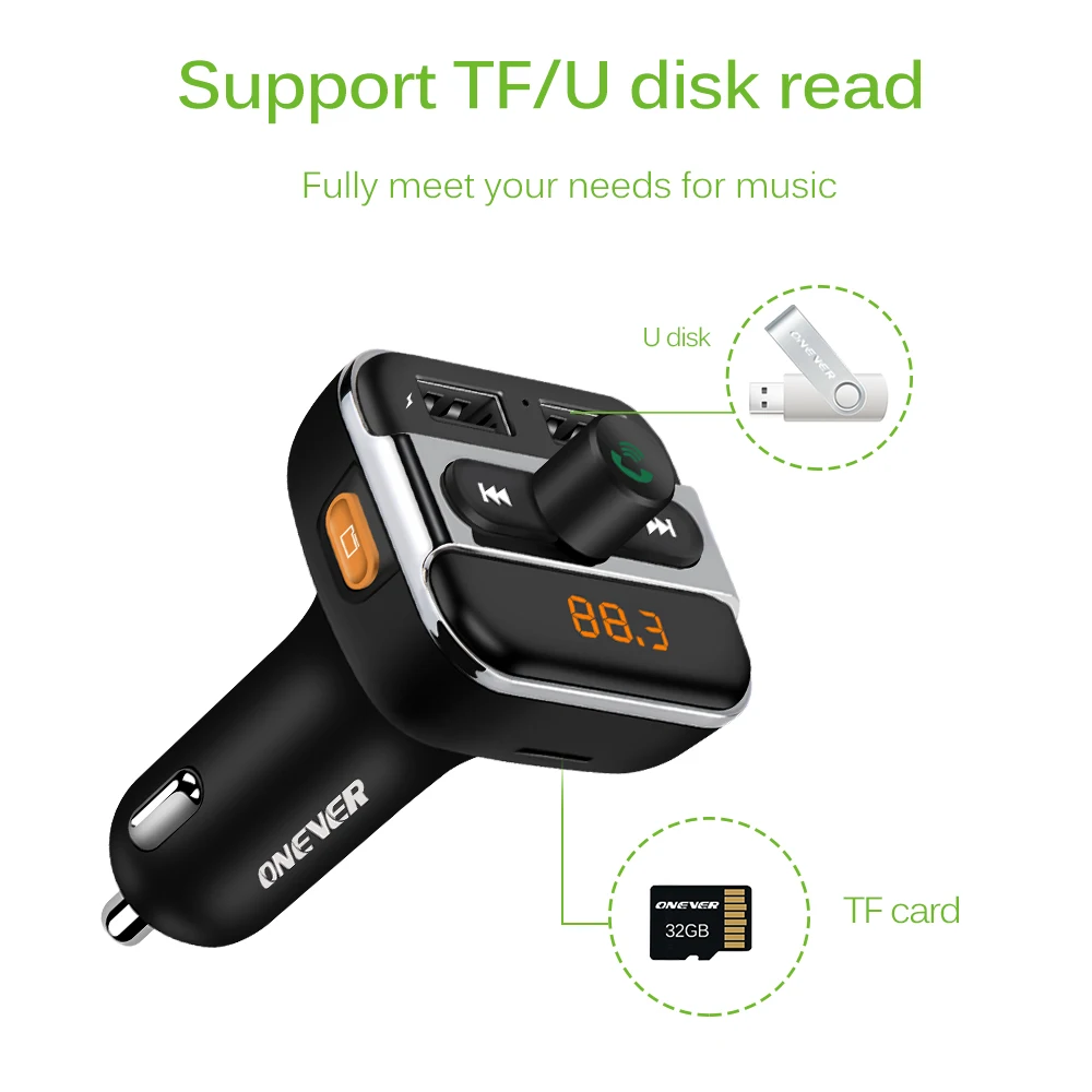 Onever FM передатчик двойной зарядное устройство USB A2DP музыка MP3 плеер с TF слот для