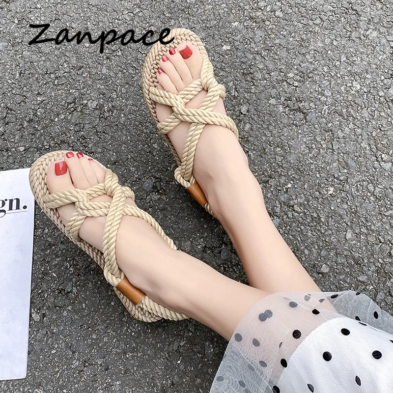 Handmade Women Sandals 2019 Gladiator Flat Heels Sandals Women Hemp Slip on Hemp Shoes Beach Sandals Cross-tied Flat Sandals