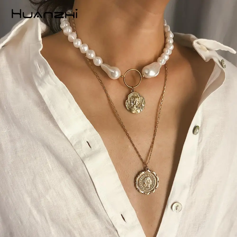 

HUANZHI New Freshwater Pearls Multilayer Gold Color Metal Portrait Pendant Chain Necklace for Women Girls Ocean Beach Jewelry