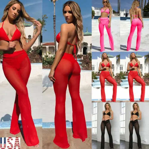 

US Womens Sexy Beach Mesh Sheer Bikini Cover Up Swimwear Ruffle Pants Trousers