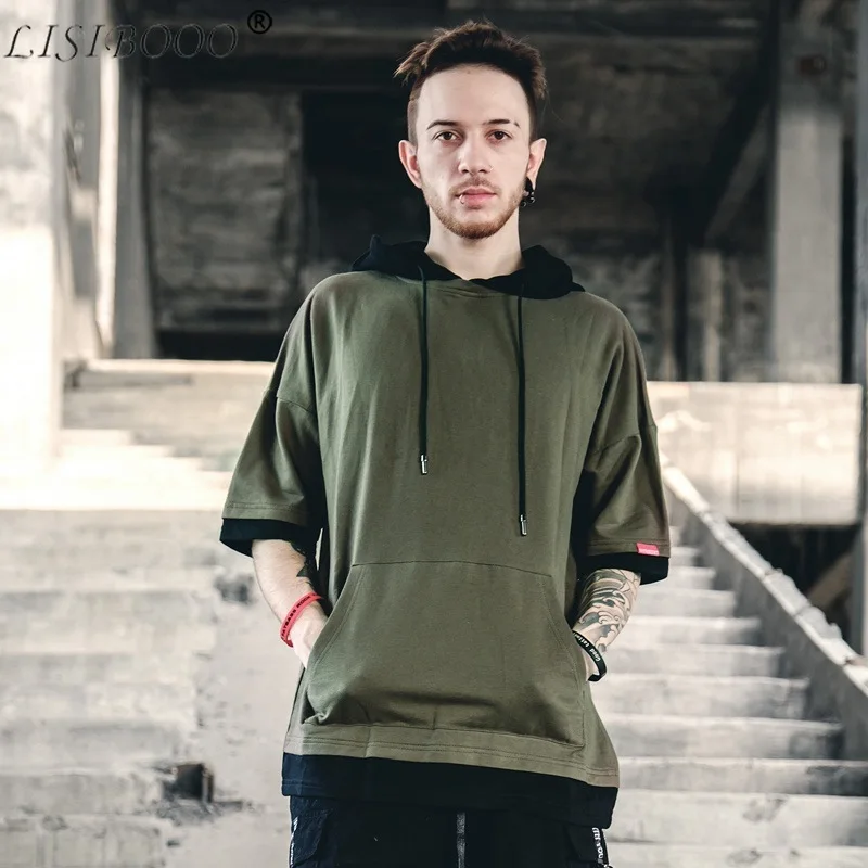 Mens Street Hooded T-Shirt Mens Short Sleeve Loose Funny T Shirts Hit Color Mens T-Shirt O-Neck Cotton Top T Shirt Chemise Homme