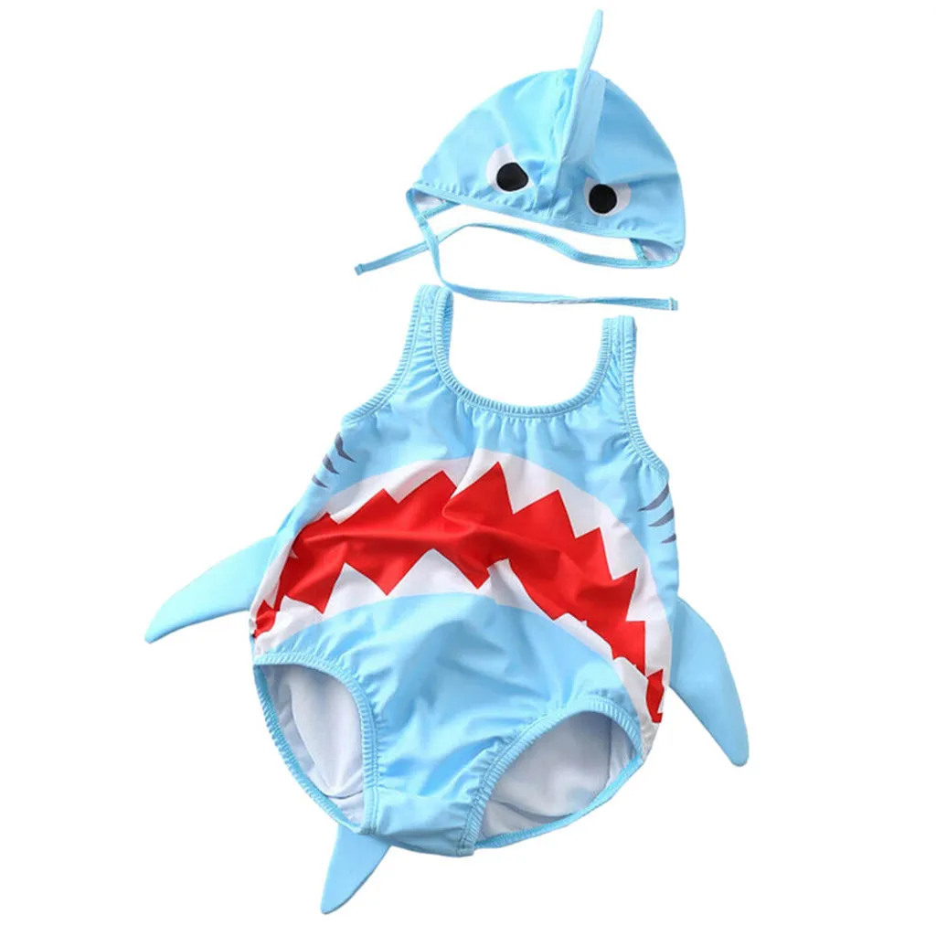 Детский милый закрытый купальник унисекс с объемным рисунком акулы, купальный костюм с шапочкой для маленьких мальчиков и девочек, B#10