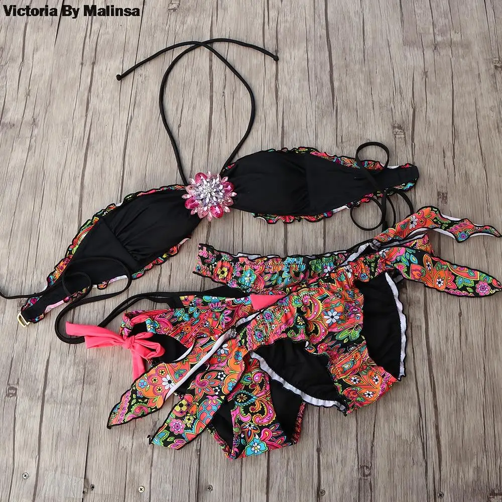 

Woman Bikini Set Swimwear Black Floral Swimsuit Summer Style Biquinis Brasileiro Bathing Suit USA Women's Bikinis Secret