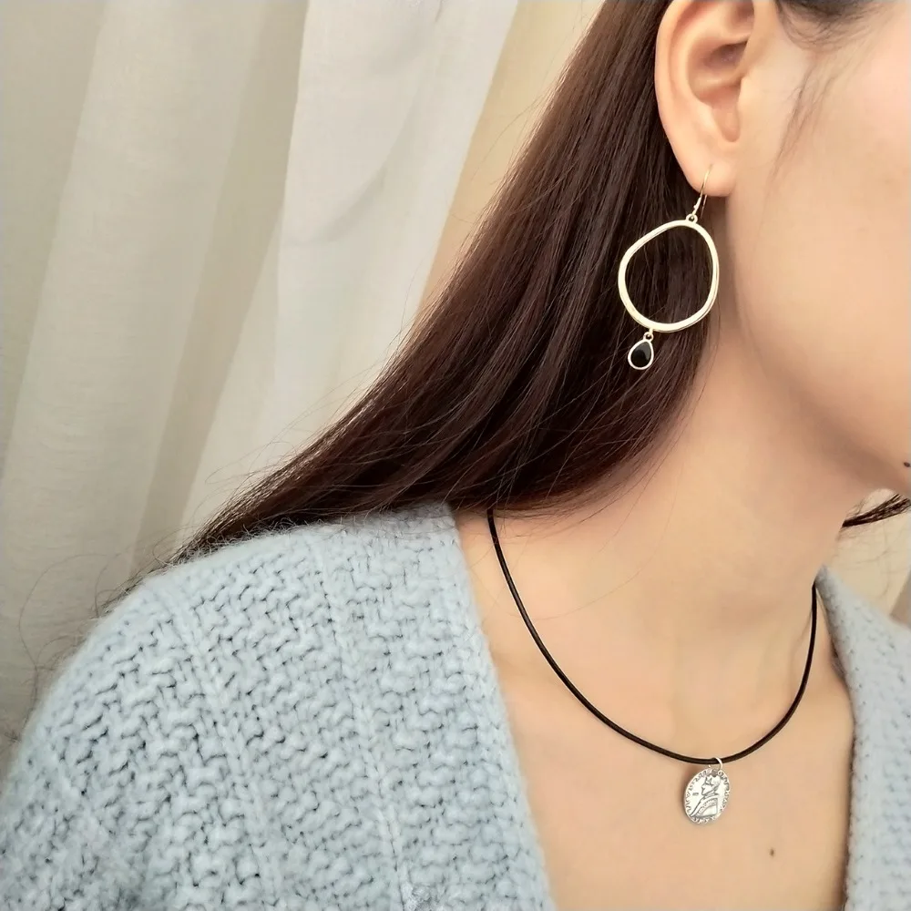 

100% Authentic 925 Sterling silver Black Enamel Waterdrop & Open Irregular Open Geometric Dangle earrings FINE jEWELRY E191