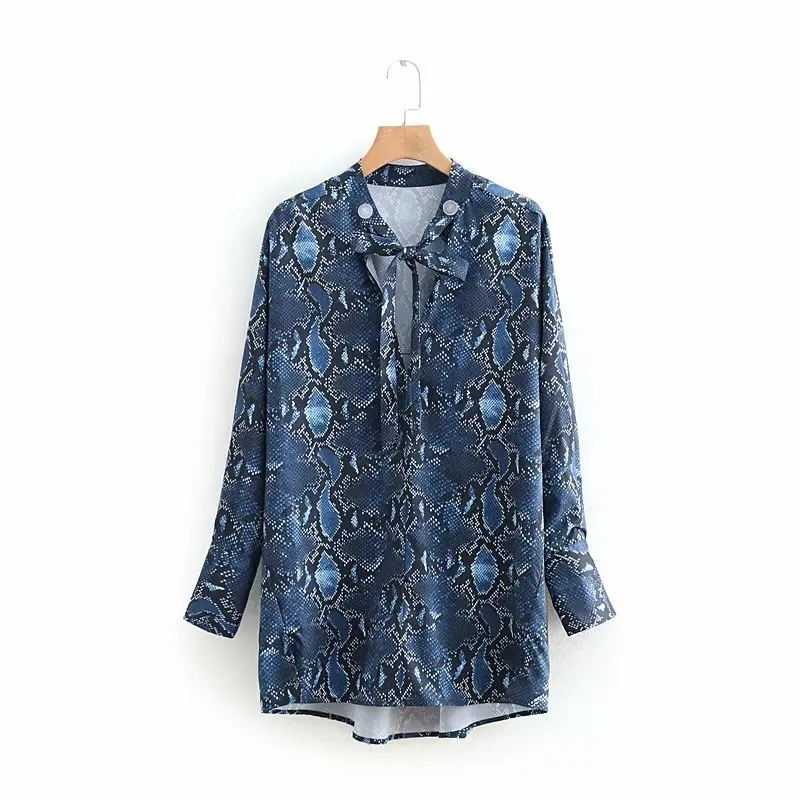 

new women fashion snake skin print casual loose smock blouse shirts women bow tied chic blusas long sleeve femininas tops LS3133