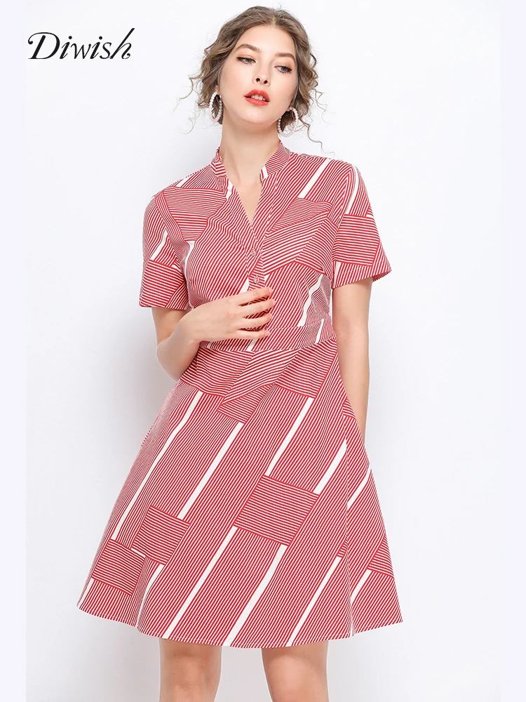 

Diwish Dress Women Summer 2019 Plus Size Women Dresses Short Sleeve Patchwork Collar Striped Dress Elegant Office Lady Red Dress