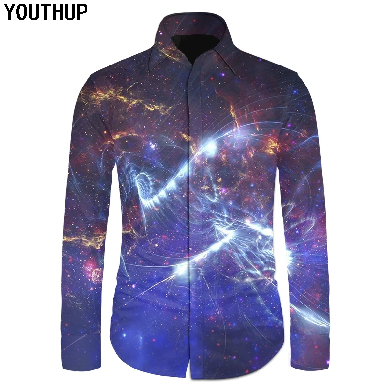 YOUTHUP 2018 летние рубашки Для мужчин 3D Galaxy пространство печатных Slim Fit рубашки Для мужчин Повседневное гавайская рубашка уличная Прохладный