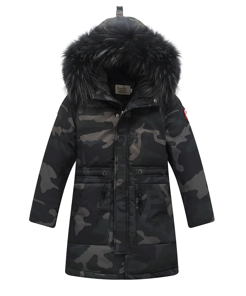 Зимние теплые камуфляжные куртки-пуховики для мальчиков; детская куртка с большим меховым капюшоном; пальто; детская утепленная пуховая верхняя одежда; пальто - Цвет: Black