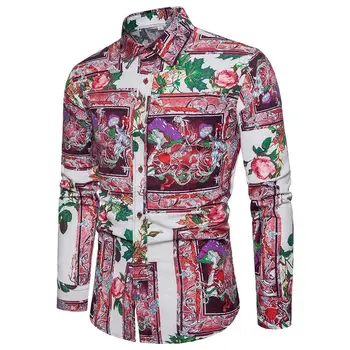 

Fashion Shirt Men Flower Long-sleeved Shirt Men's clothing Plus size Linen Blouse Men Hawaiian Style Floral New