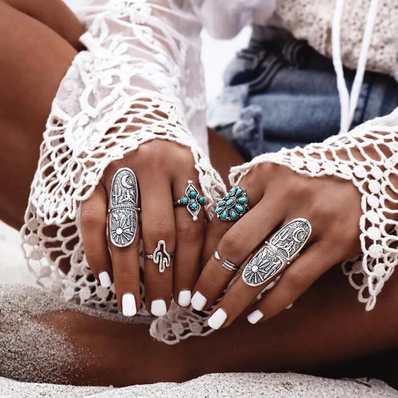 

Nine rings Bohemian forefinger ring wide version retro sculpture geometric totem rings for women 8CRD14