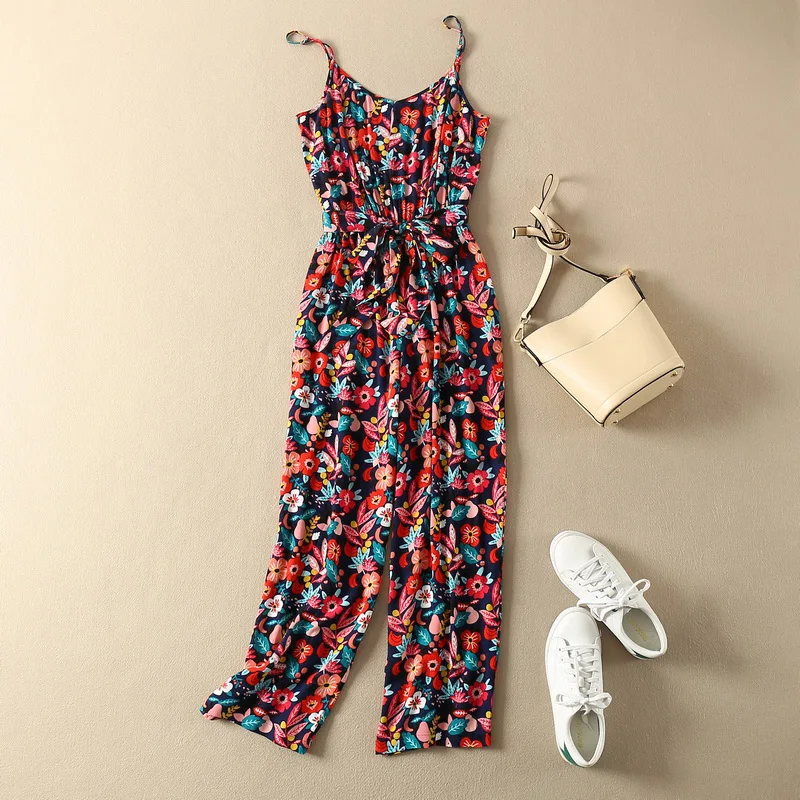 

Viscose 2019 Banana & Sun Flower Print Strap Jumpsuit With Waist Ties - Newest Ladies Floral Printed Fashion Jumpsuit