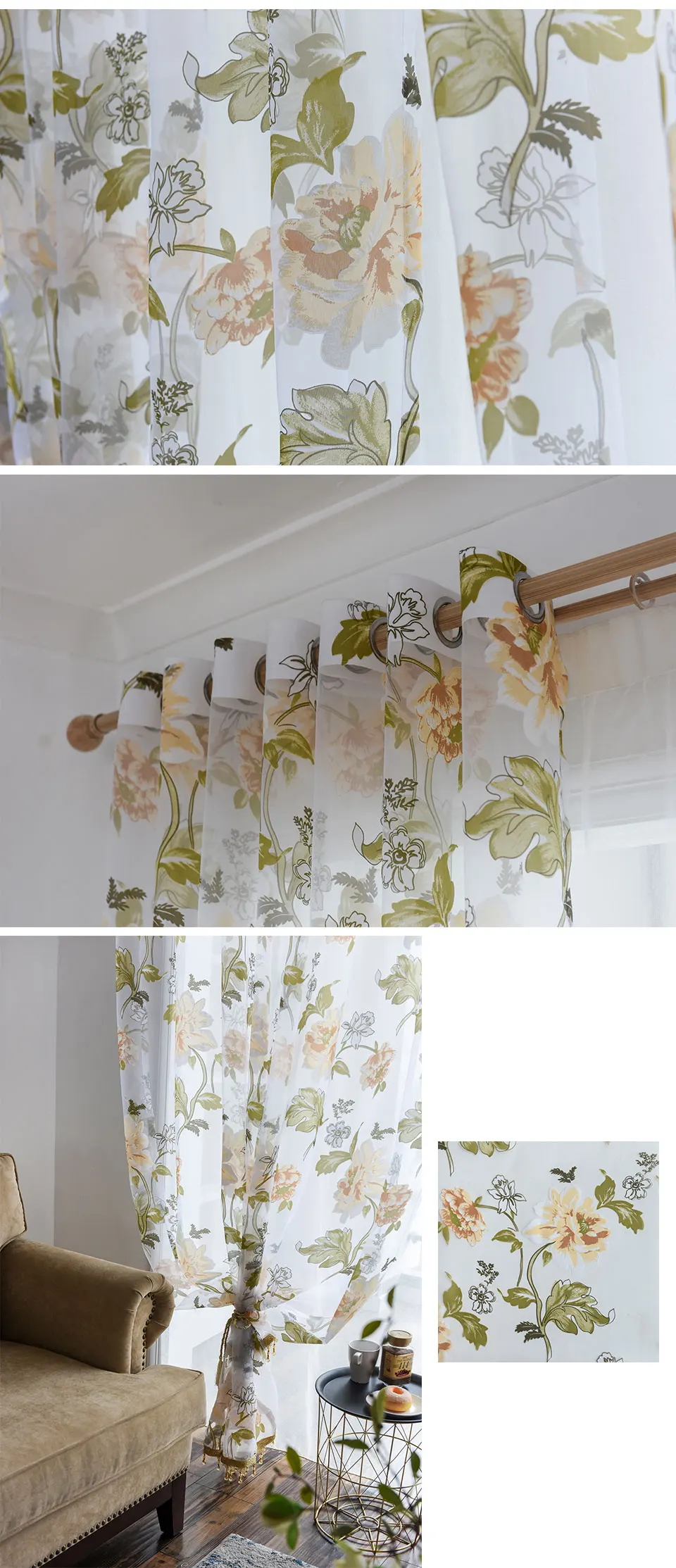 ENHAO Современные тюлевые шторы с цветочным принтом для гостиной, спальни, кухни, сплошные оконные шторы из вуали, тюлевые шторы, тканевые занавески