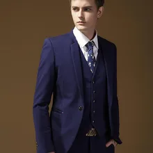 Мужской костюм(куртка+ брюки+ жилет+ галстук-бабочка) Высокое качество привлекательные на одной пуговице; Robe Princesse Enfant Homme 4 предмета в комплекте, костюм для жениха формальные мужские костюмы синего цвета