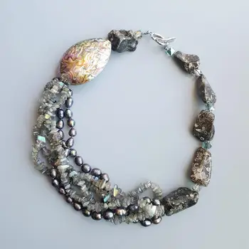 

Lii Ji Natural Stone Labradorite Freshwater Pearl Abalone Shell Turritella Agate Unique Big Necklace Toggle Clasp Necklace 52cm