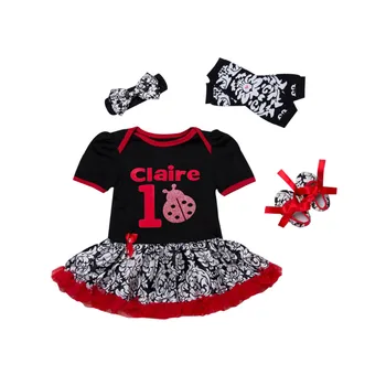 

4PCs per Set Short Sleeves Black Baby Girl Spot Ladybird Pattern Number 1 Claire Tutu Dress Leggings Shoes Headband 0-24Motnths