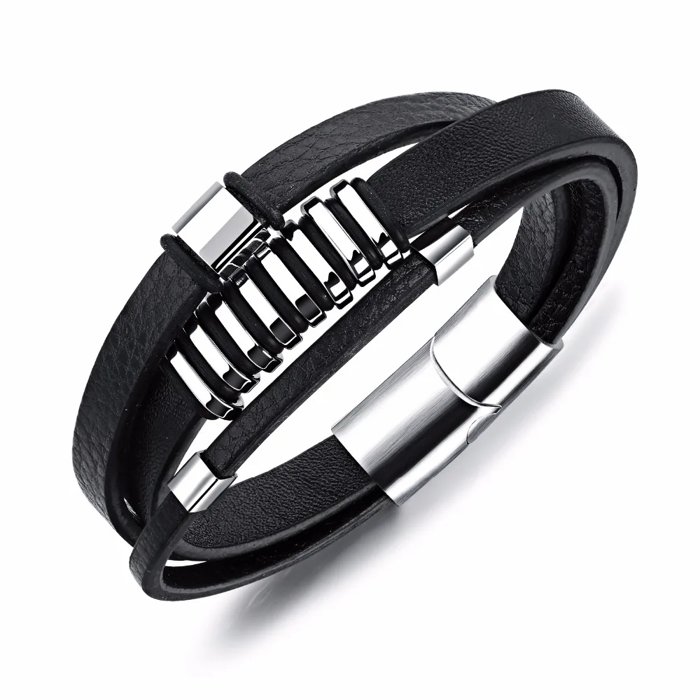 FATE LOVE Fashion Punk Male Men Statement Wrap Bracelet Bangles Jewelry Black Leather Wristlet with Stainless Steel Charm