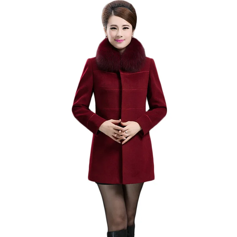 Plus Size L-5XL Autumn Winter Coat Hot Women Slim Elegant Fur Collar Single-Breasted Womens Wool Blended Mother's Day Gift XH923