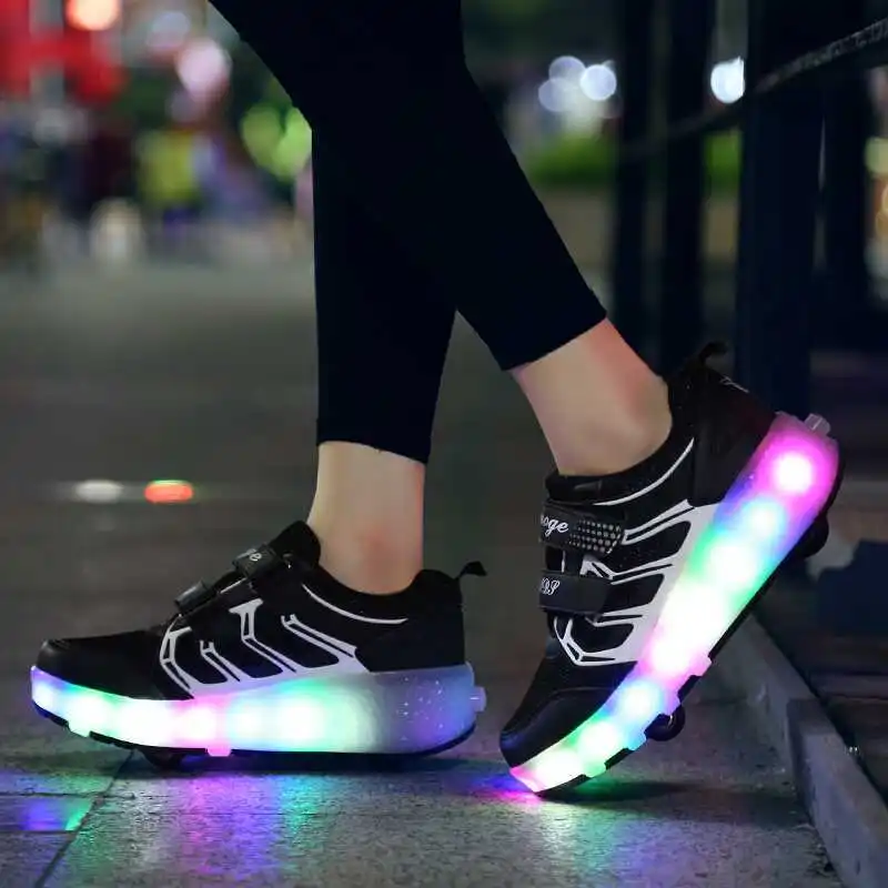 LED Double Roller Skate Shoes Women Colorful Flashing Shoes Invisible Automatic Pulley Roller Shoes Luminous Sneakers
