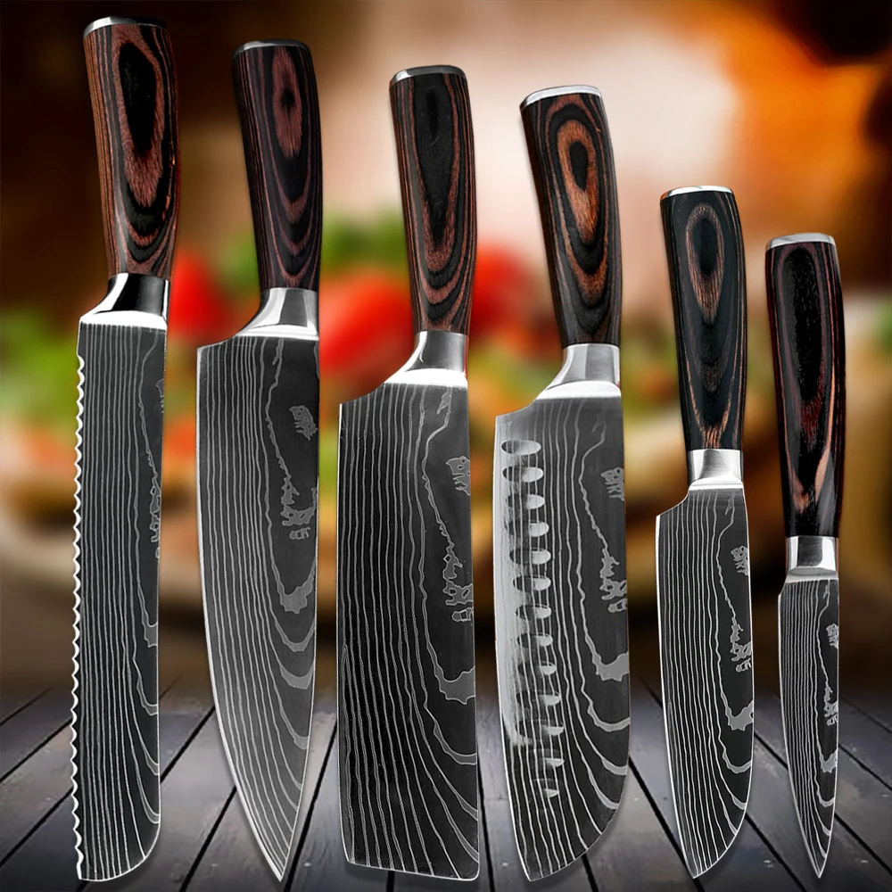 XITUO Chef knife 1-10Pcs Kitchen Knives Set Laser Damascus Pattern  Ultra-Sharp Santoku Knife Cleaver Slicing Utility Fruit Knife