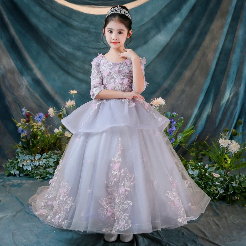 

Ball Gown Holy Communion Dress Long Trailing Flower Girl Dress for Wedding Half Sleeve Appliques Lace Princess Gowns Birthday
