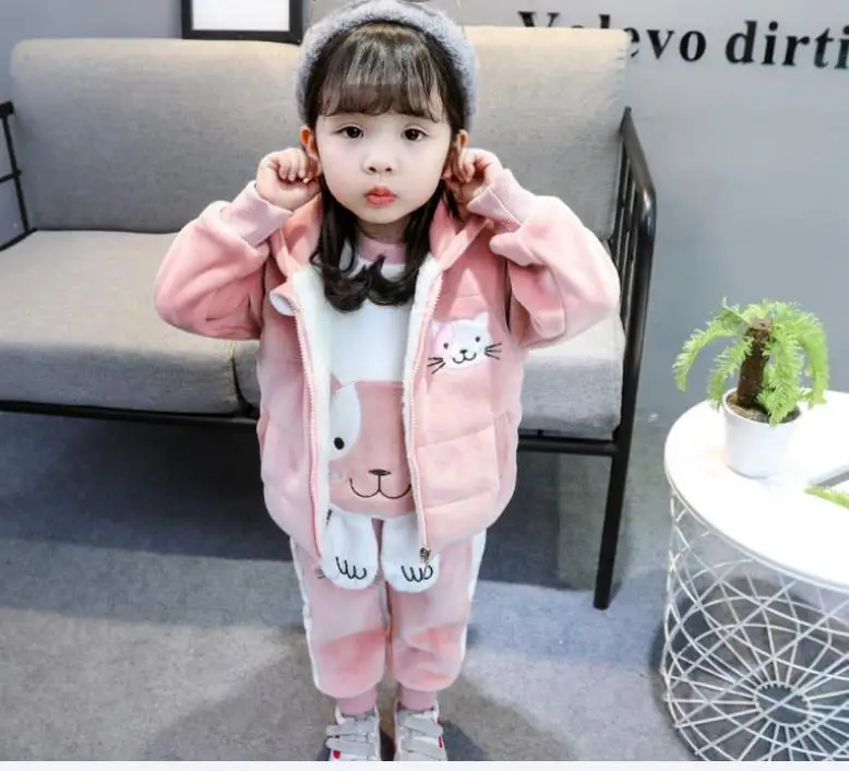 Baby Boys Girls Warm Set Winter Cartoon cat Kids Thickening Hooded Vest+Sweater+Pant Three-piece Sport Suits Children Clothing