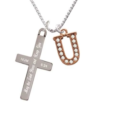 Crystal Rose Gold Tone Initial - U - - Bless and Keep You - Cross Necklace (1)