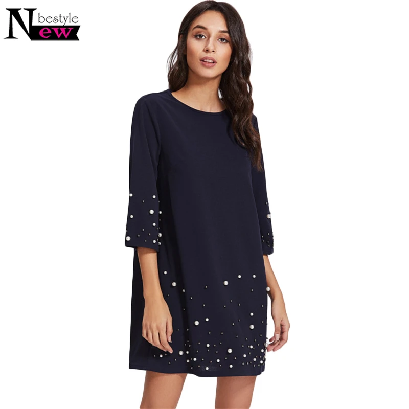 

Newbestyle Women Pearl Beading Tunic Dress 2019 Fashion Womens Straight Dress Navy Blue Three Quarter Length Sleeve Short Dress