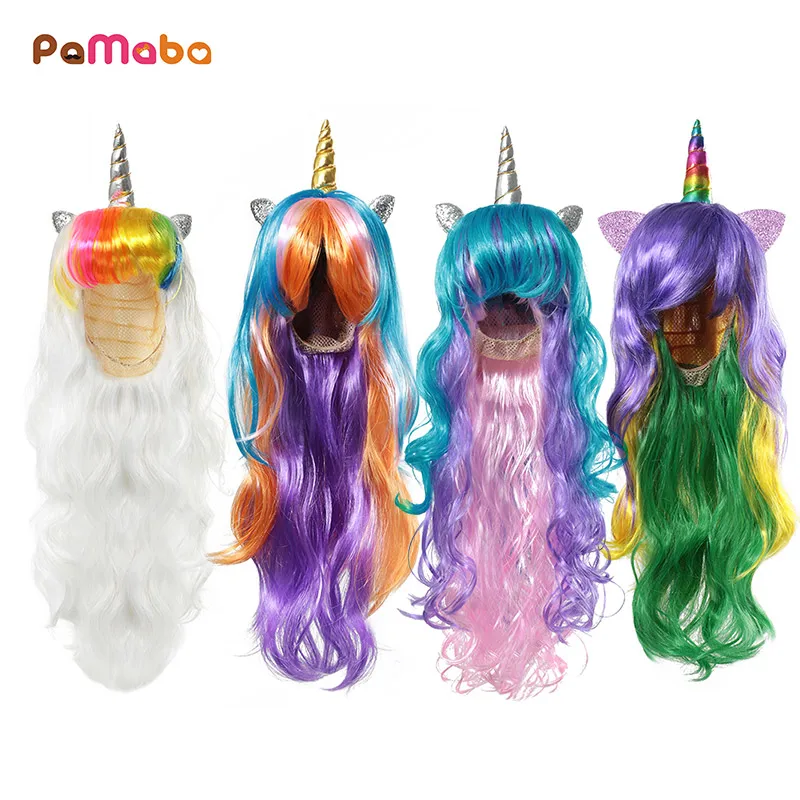 

PaMaBa Unicorn Rainbow Wig with Horn Ears Fit to Kid Teen Adult 70cm Pony Cosplay Synthetic Hair Party Hair Accessories Headband