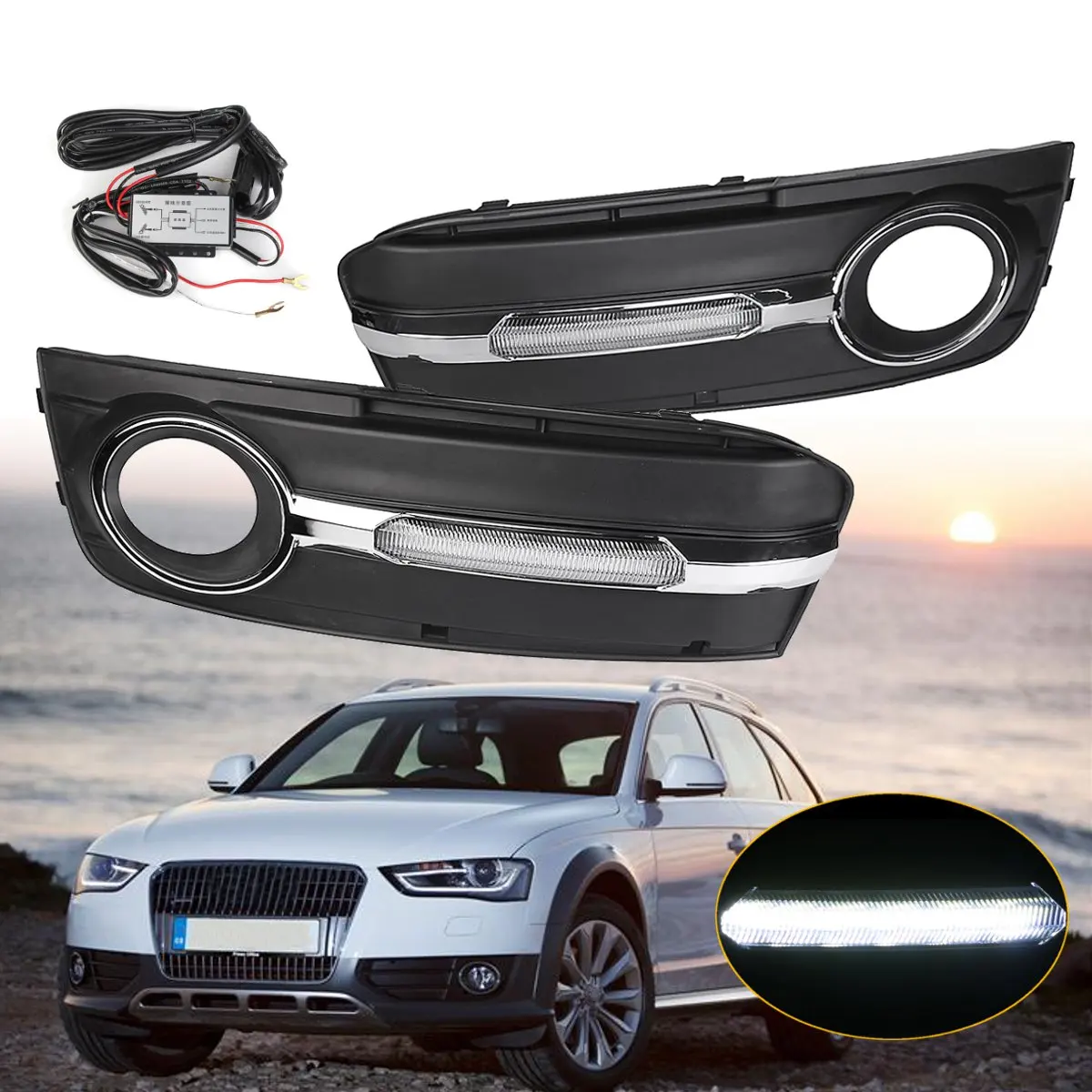 

Pair Modified Front Bumper Grille Driving Fog Lamps DRL Daylight Fog Lamp cover hole with Harness For Audi A4 B8 2009 2010 2011