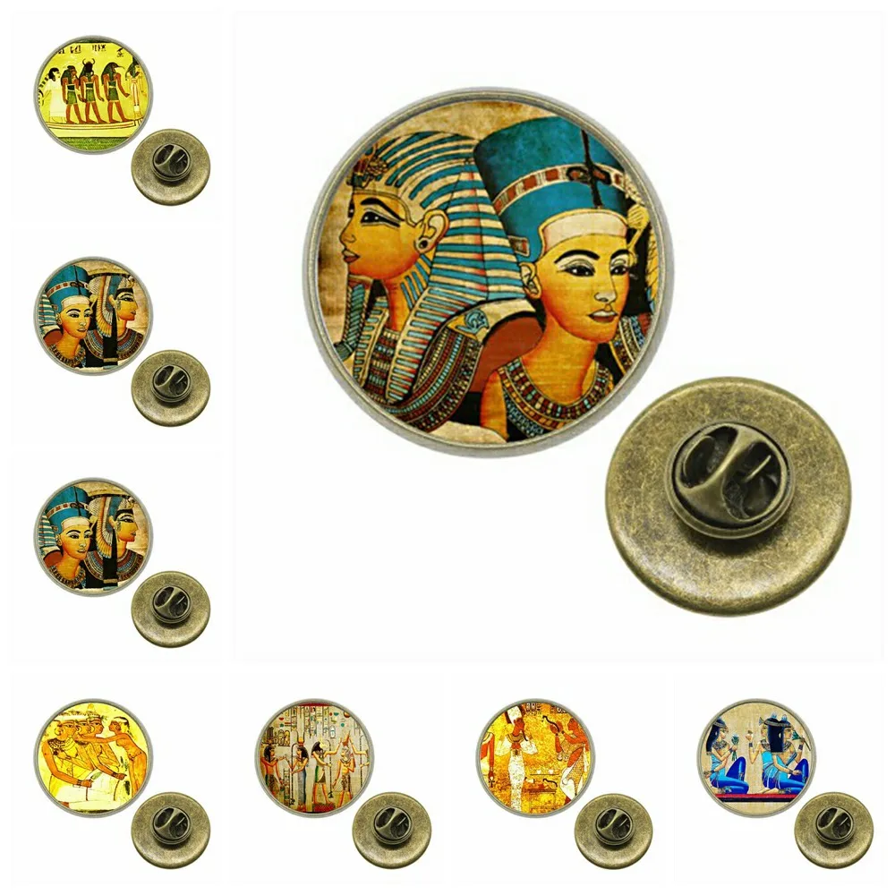 

10pcs/lot 12~20mm Round Glass Cabochon Brooch Pin Egypt Art Paintings Glass Cabochon Lapel Pins 2018 XA-Z-G1619