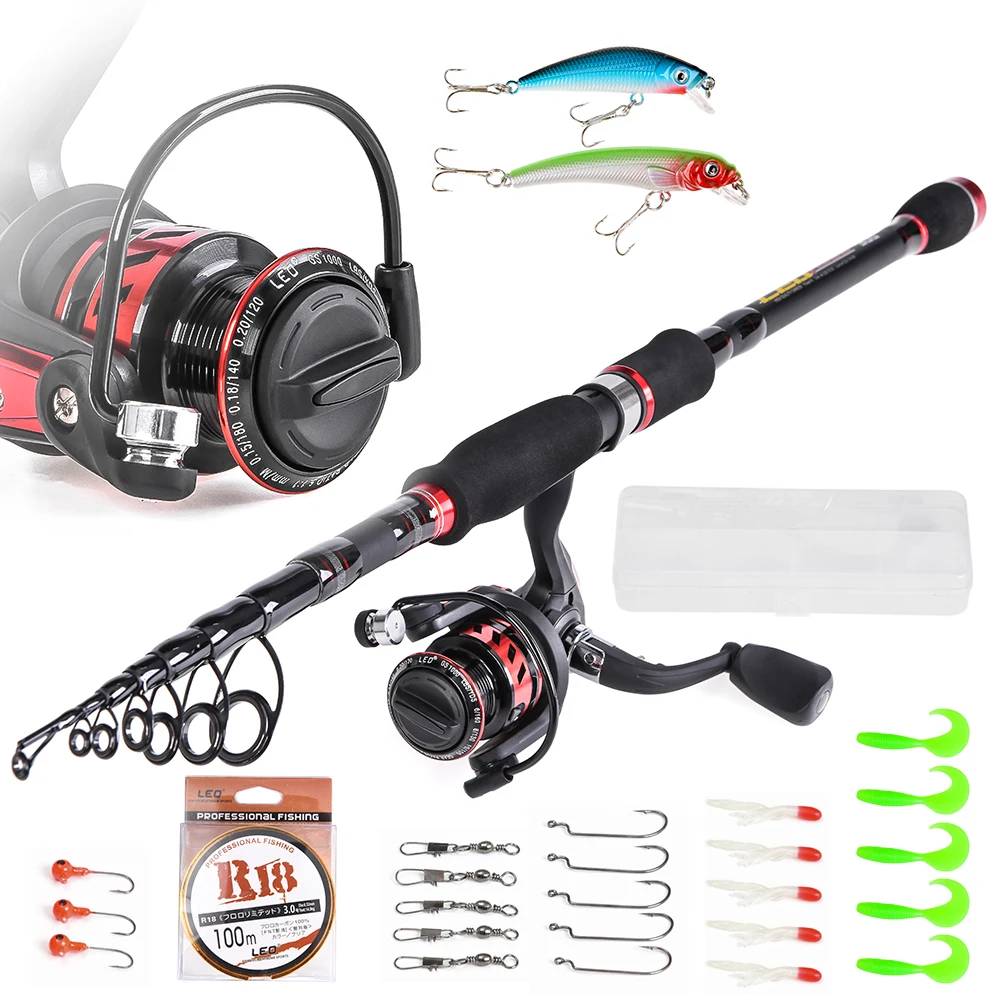 

LEO Telescopic Fishing Rod Reel Combo Full Kit 1.8/2.1/2.4m/2.7m/3.0m Fishing Pole Spinning Reel Lures Hooks Swivels Line Set