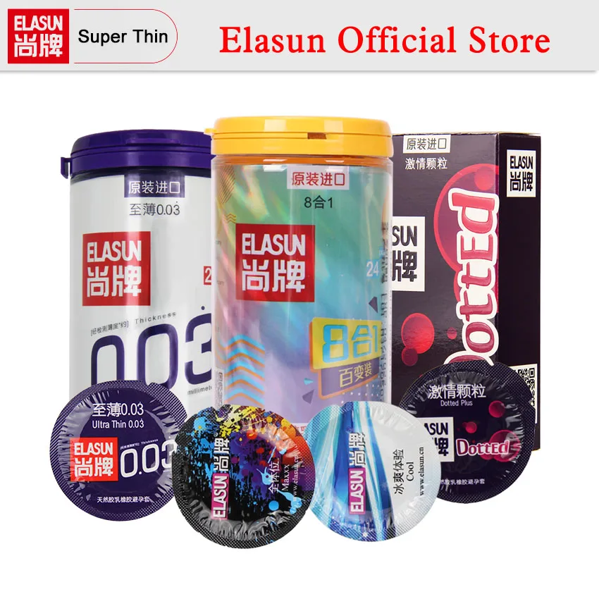 

ELASUN 54PCS Ultra Thin 0.03mm Latex Condom 8 in 1 Condoms Ice and Fire Dotted Pleasure for Men Safer Contraception Gift
