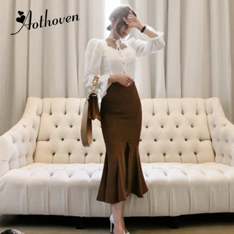 

Autumn 2 Piece Set Women Suit White Long Flare Sleeve Elegant Top and Vintage Party Ladies Mermaid Skirt Two Piece Set Vestidos
