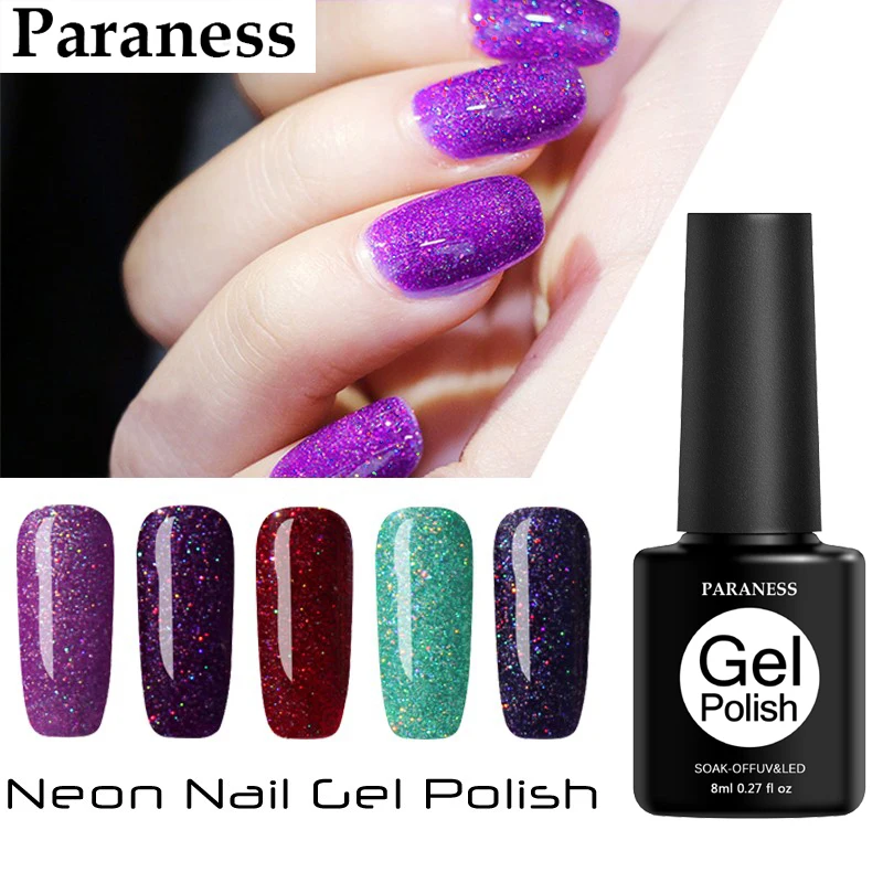 

Paraness 8ML Neon Glitter UV Gel Nail Polish UV Nails Varnishes Semi Permanent Nail Art Beauty Rainbow Glue Nails Gel Uv Colors