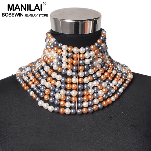 MANILAI Brand Imitation Pearl Statement Necklaces For Women Collar Beads Choker Necklace Wedding Dress Beaded Jewelry 2022 4