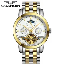 Оригинал GUANQIN Автоматические Механические Tourbillon Часы Мужчины Кожаный Ремешок Сапфир Self-ветер Мужчины Скелет Наручные Часы Золотые Часы