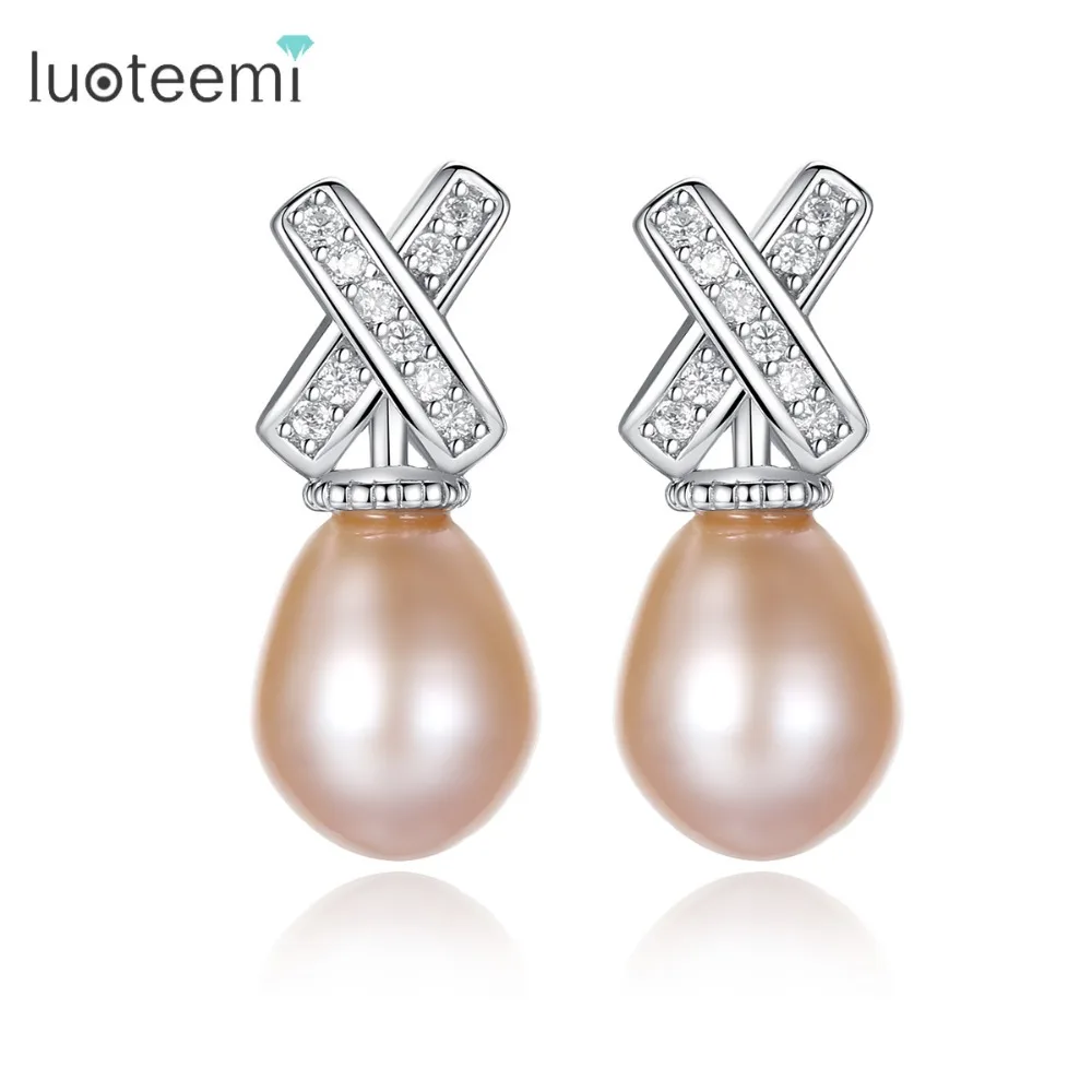 

LUOTEEMI Luxury 925 Sterling Silver Cubic Zirconia Letter X With Fashion Natural Pearl Bridal Wedding Stud Earrings Women Girls