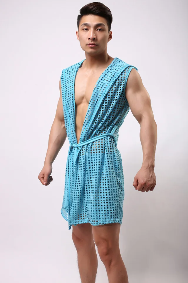 Сексуальный халат для мужчин летний эластичный нейлоновый сетчатый халат Мужской купальный Халат с капюшоном халат пикантная Пижама для мужчин гей секс Просвечивающая одежда - Цвет: Небесно-голубой