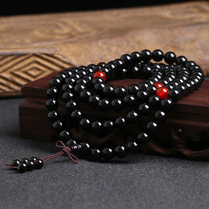 Черный Браслет из обсидиана, сердолик, 108 бусин, растягивающиеся браслеты 6 мм, буддийские бусины для молитвы, модные женские браслеты мала