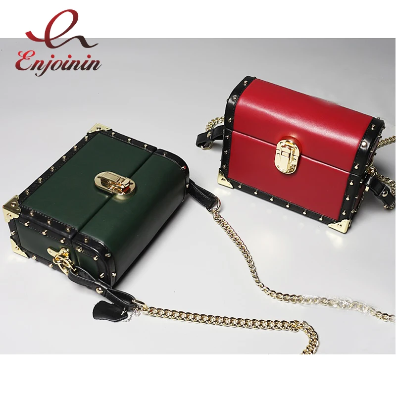 

New style Genuine Leather fashion rivets box shape buckle ladies chain purse shoulder bag women's crossbody mini messenger bag